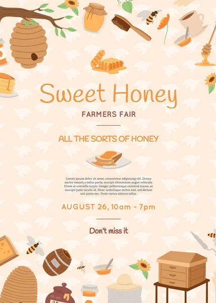 蜂蜜農業ポスター。漫画ハニカム、蜂、ポッド、花、パンケーキ、蜂蜜瓶ベクトル図です。パンフレット、ポスター、フライヤーをビジネスを促進します。有機蜂蜜、蜂蜜の蜂. — ストックベクタ