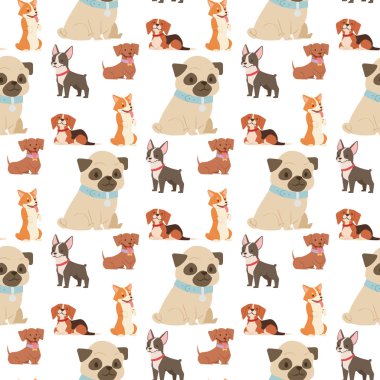 Yavru köpekler karakterler komik komik mutlu memeli safkan köpek doğurmak Dikişsiz desen arka plan vektör çizim oynarken şirin.