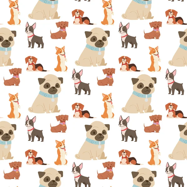 Puppy cute playing dogs characters funny purebred comic happy mammal doggy breed seamless pattern background vector illustration.