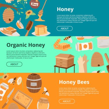 Afiş kümesi tatlım. Çizgi film petek, arı, pod, çiçekler, gözleme, bal kavanozu vektör çizim. Broşür, poster, afiş iş için teşvik. Organik bal arıları.