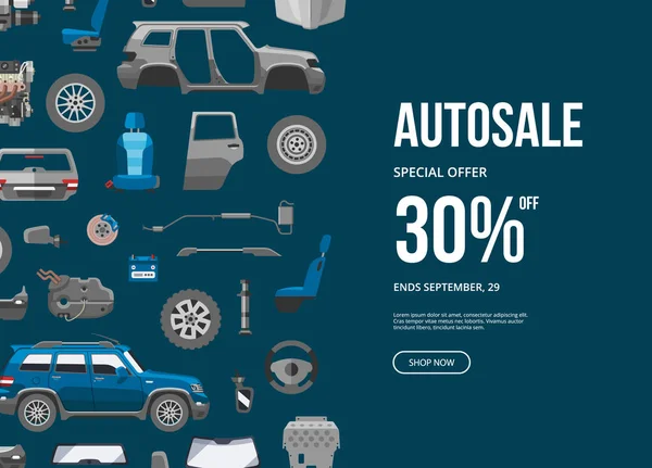 Autosale special offer banner. Car service discount vector illustration. Car detail, repair, gear brake, seat, windshield, wheel, bumper, door, engine components, exhaust system. — Stock Vector
