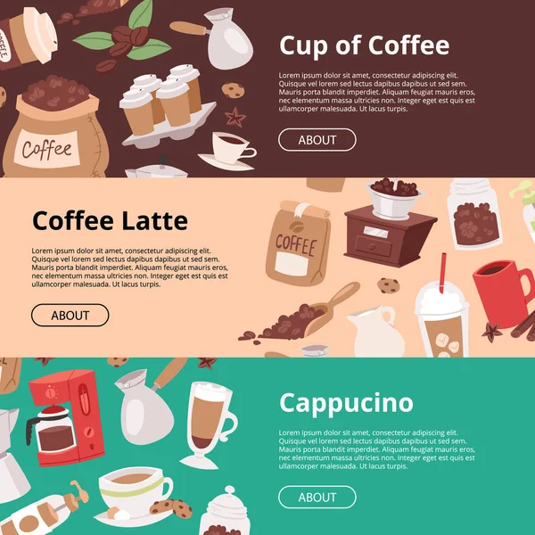 Coffee house set of banners, flyers vector illustration with cartoon cappuccino, late, cups, seeds arabica, cinnamon, milk, coffee pot, cookies, anise and sugar for coffee shop. — Wektor stockowy