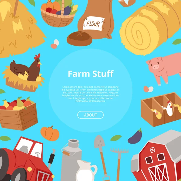 Farm stuff and agribusiness background. Bannner with cartoon farm equipment, food and animals vector illustration. Healthy food. Tractor, sacks with flour, basket with fruits, milk. — Stock Vector