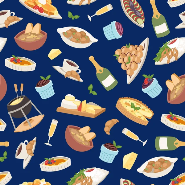 French cuisine vector illustration. Croissant, cheese fondue, champagne glass, frog legs seamless pattern background tasty food and cuisine, dinner, food delicious elements. — Wektor stockowy