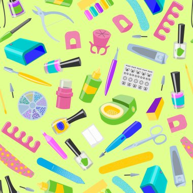 Dikişsiz desen vektör pedikür ve manicuring aksesuar veya araçları törpü veya manikürcü tırnakları Lehçe çivi-bar çizimde makas manikürlü eller arka plan için manikür