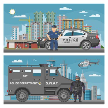 Polis araba vektör polis karakteri ve polis illüstrasyon zemin zemin polis-memurlar ulaşım ve polis-servis oto van veya kamyon cityscape arka plan seti