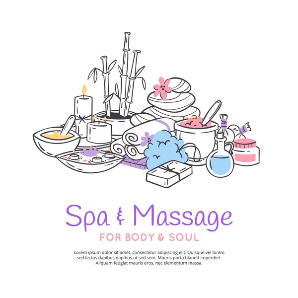 Soins spa massage fond affiche Design pour magasin de cosmétiques spa et salon de beauté, produits de soins de santé biologiques. Illustration vectorielle cosmétique aromathérapie corporelle soins de santé . — Image vectorielle