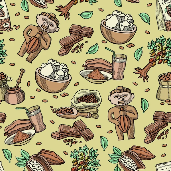 Cocoa vector patrón inconsútil de dibujos animados chocolate alimentos dulces de granos de coco cacao-árbol ilustración telón de fondo de frutas tropicales y cacao choco en polvo para bebidas de fondo — Vector de stock
