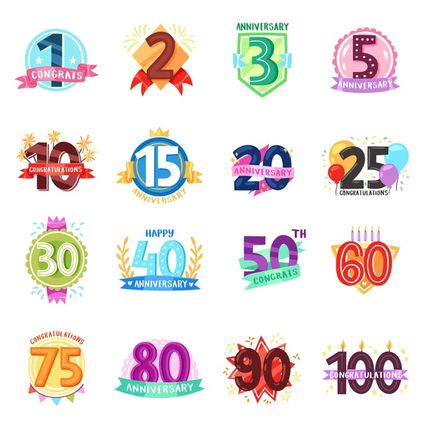 Anniversario badge vettore compleanno numeri dei cartoni animati emblemi festa anniversario festa nascita età lettera con nastri illustrazione isolato su sfondo bianco — Vettoriale Stock