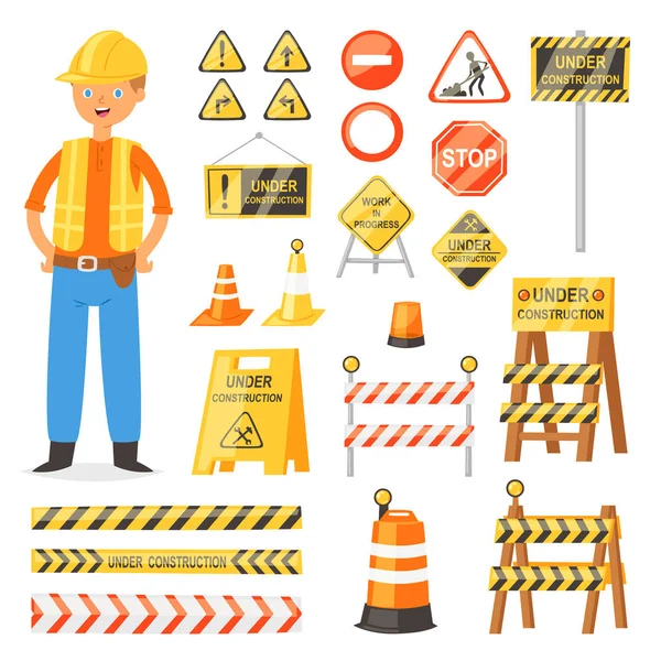 Señales de tráfico vectorial calles de advertencia y barricadas en la carretera y constructor carácter ilustración conjunto de desvío barricada y barrera de trabajo bloqueado aislado sobre fondo blanco — Vector de stock