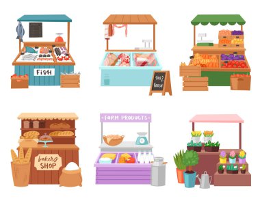 Food market vector salesman seller character selling in bookshop butcher or baker in stall illustration set of people sale vegetables in grocery or fishmongers isolated on white background clipart
