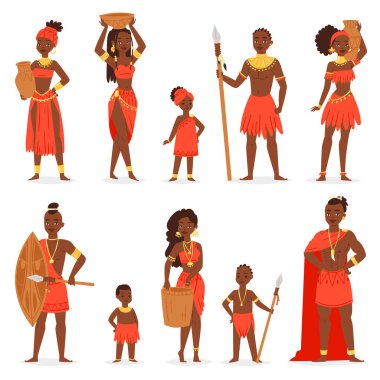 Afrika'da bir halk siyah adam güzel bir kadın karakter geleneksel aşiret giyim elbise çocuklar kız ve erkek etnik kabile kostüm Afrika illüstrasyon etnisite dizi vektör.