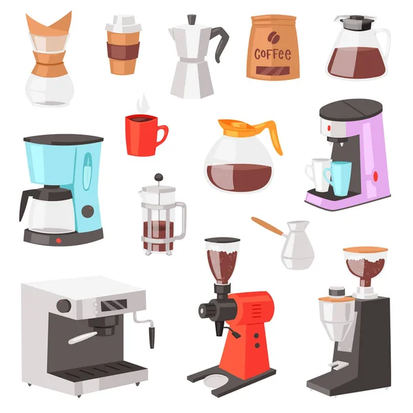 Kávé gép vektor kávéfőző és kávéfőző espresso ital koffein kávézó ábrán sor szakmai felszerelések, így a cappuccino ital elszigetelt fehér background — Stock Vector