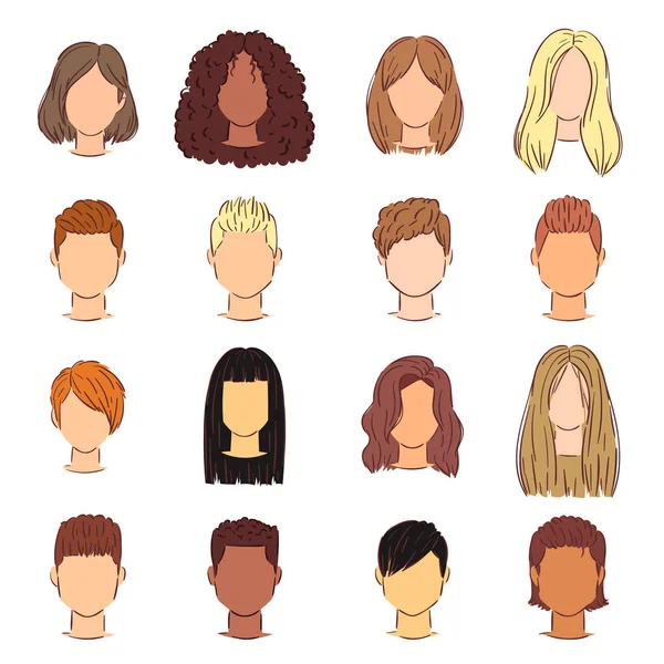 Зачіска жінка вектор жіноча зачіска голова коротке або довге волосся та перуки ілюстрація перукарня або стрижка з забарвленням перукаря ізольовані на білому тлі — стоковий вектор