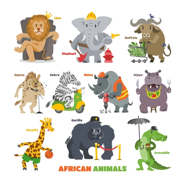 Animais africanos vetor desenho animado selvagem animais personagens leão rei elefante bombeiro segurança gorila no safari ilustração conjunto de crocodilo zebra hipopótamo isolado no fundo branco —  Vetores de Stock