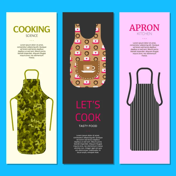Bunte Küchenschürzen Satz von Bannern Vektor Illustration. Schutzkleidung. Kochkleid für Hausfrau oder Restaurantkoch. Kokswissenschaft. lässt schmackhaftes Essen kochen. Kleidung. — Stockvektor