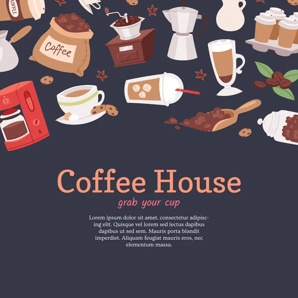 Banner da casa de café, ilustração do vetor do cartaz com cappuccino dos desenhos animados, copos, sementes arábica, canela, leite, panela de café, biscoitos, anis e açúcar para o serviço da casa de café . — Vetor de Stock