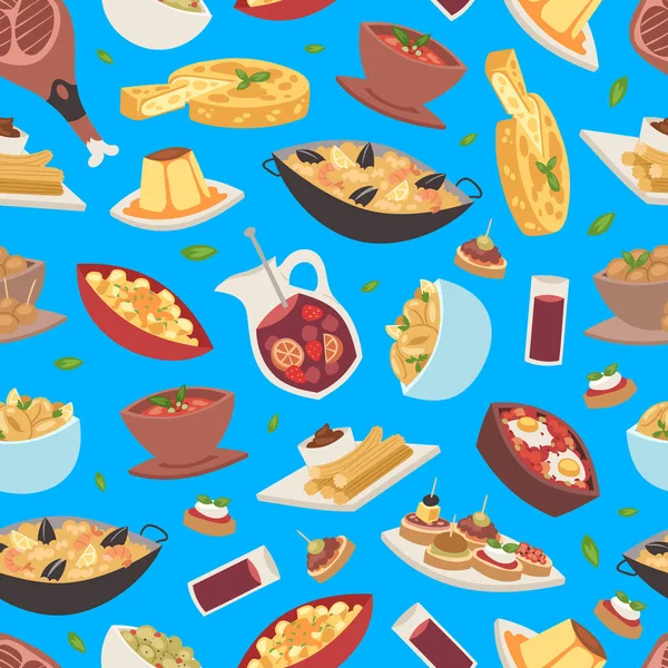 Espagnol vecteur alimentaire modèle sans couture cuisine européenne traditionnelle repas d'Espagne toile de fond restaurant menu dîner déjeuner méditerranée paella fromage tapas fond — Image vectorielle
