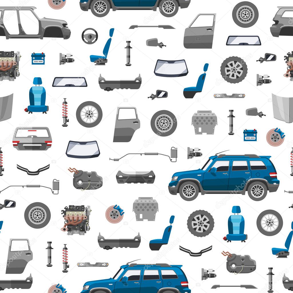 Auto spare parts icons seamless pattern. Car service vector illustration. Car detail, repair, gear brake, seat, windshield wheel, bumper, door, engine components, exhaust system.