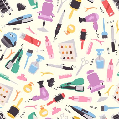 Kuaför Ekipmanları Dikişsiz desen vektör çizim. Saç stili salon doku makas ile kesme, taraklar, doğrultma demir, saç kurutma makinesi, sandalye, hairgrip ve saç spreyi sembolleri.
