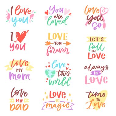 Love lettring vector lovely calligraphy lovable friendship sign to mom dad friend iloveyou on Valentines day beloved card illustration set of family love decor typography isolated on white background clipart