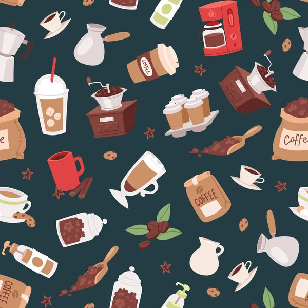 Juego de café sin costura patrón vector ilustración con dibujos animados cappuccino, tazas, semillas de arábica, canela, leche, cafetera, galletas, anís y azúcar para el servicio de cafetería . — Vector de stock