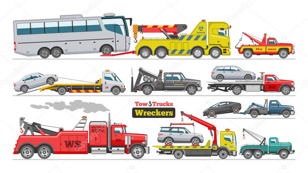 Tow truck vector towing car trucking vehicle bus transportation towage help on road illustration set of towed auto transport isolated on white background