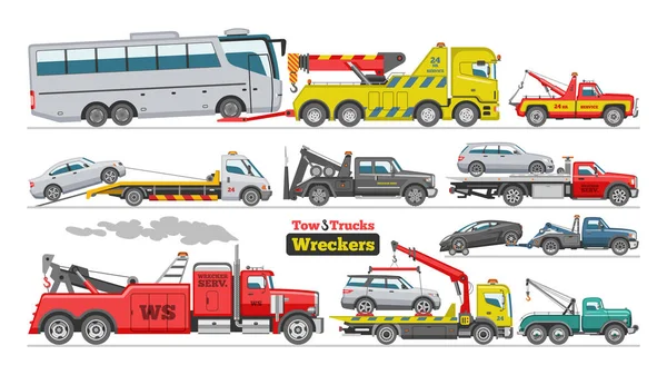 Sleepwagen vector trekkende auto trucking voertuig bus vervoer slepen help op weg illustratie set van gesleept auto vervoer geïsoleerd op witte achtergrond — Stockvector