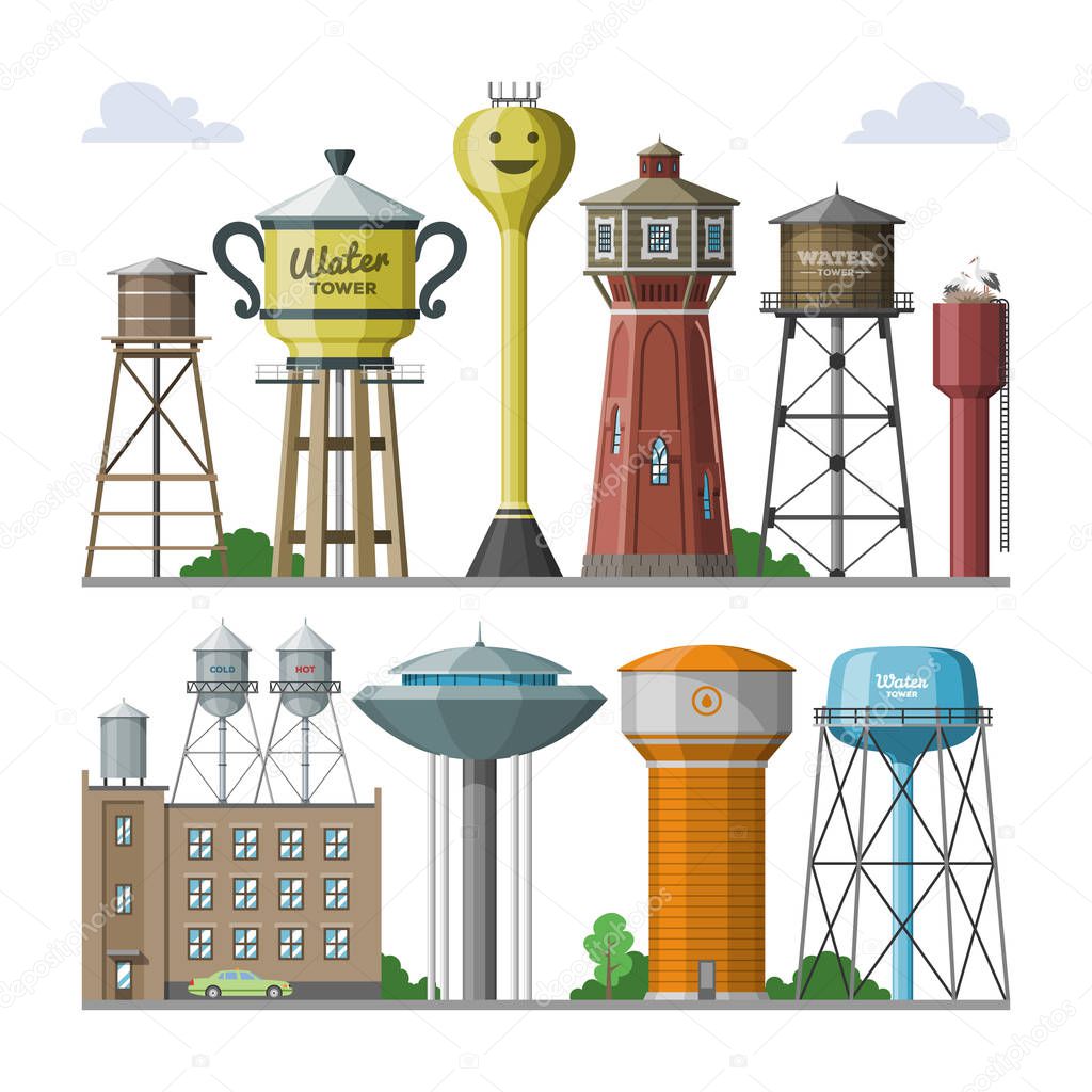 Water tower vector tank storage watery resource reservoir and industrial high metal structure container water-tower in city illustration set of towered construction isolated on white background