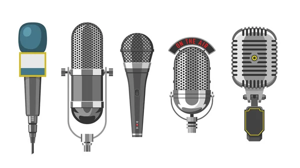 Microphone audio vector dictaphone and microphones for podcast broadcast or music record technology set of broadcasting concert equipment illustration isolated on white background — Stock Vector