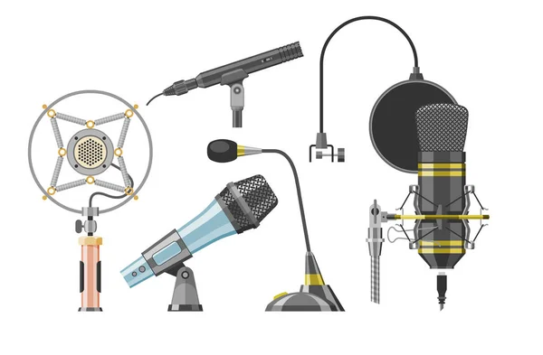 Microfoon audio vector dictaphone en microfoons voor podcast uitzending of muziek record technologie van omroep concert apparatuur illustratie geïsoleerd op witte achtergrond — Stockvector