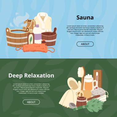 Sauna vektör ahşap ısı spa gevşeme terapisi ve sıcak buhar sağlık fon terapi işareti kova banyo havlu illüstrasyon aromaterapi set arka plan sakin ol sakin ol