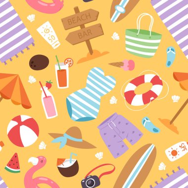 Yaz moda Plajı deniz zaman mayo giysi ve aksesuarları vektör çizim tatil mayo resim tasarım görünüyor