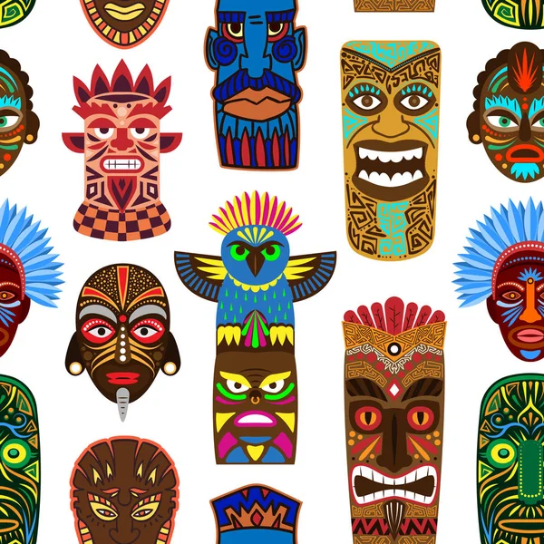 Máscara tribal vector enmascarar la cultura étnica y la máscara facial azteca conjunto de ilustración de símbolo enmascarado aborigen tradicional aislado en el fondo — Archivo Imágenes Vectoriales