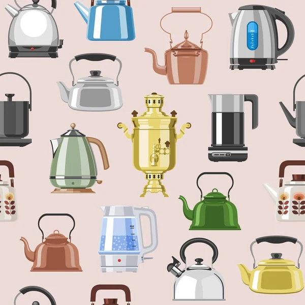 Teiera e bollitore vettore teiera o samovar per bere il tè in teatime e bevande di caffè bollito in caldaia elettrica in cucina illustrazione stoviglie set isolato su sfondo — Vettoriale Stock