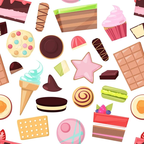 Dolci dolciumi vettoriali caramelle al cioccolato e dolci dolci dolci in negozio di candele illustrazione di torta o cupcake con crema di cioccolato insieme isolato sullo sfondo — Vettoriale Stock