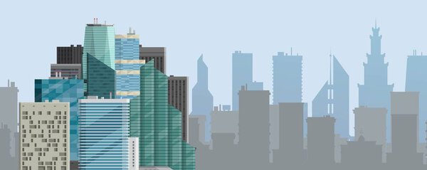 City background horizontal banner vector illustration. Modern town skyline. Architectural building in panoramic view. High multi-storey glass buildings of different forms.