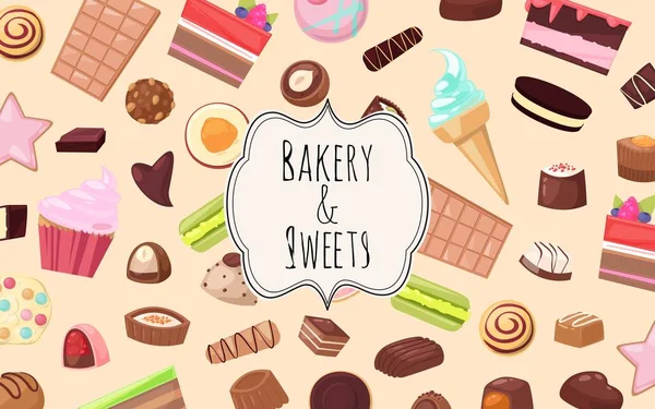 Panadería y dulces conjunto de banderas ilustración vector diseño web. Tienda de dulces con trozos de pastel de frutas con galaze y bayas, helado, caramelos de chocolate, galletas, galletas, macarrones . — Archivo Imágenes Vectoriales