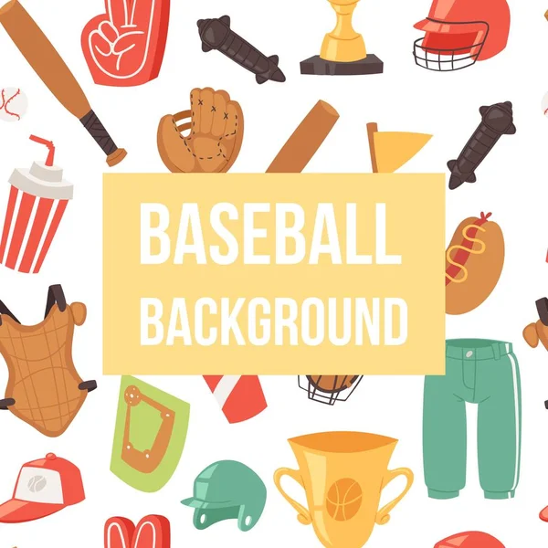 Baseball seamless background vector illustration. Sport equipment such as bat, ball, softball gloves, batting helmets, catcher gear, cap, clothing. Food and drink during game.