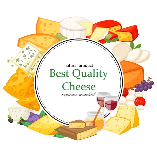 Queijos especiais de melhor qualidade realistas icomposition com edam maasdam parmesão e dorblu, gouda, brie, mussarela. Banner de produto natural. Ilustração do vetor de mercado orgânico . — Vetor de Stock