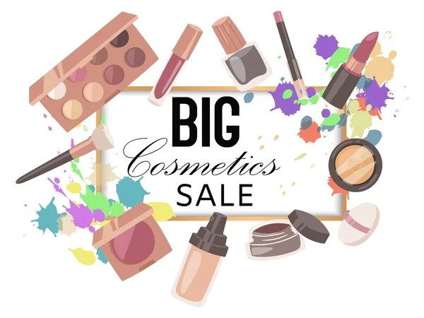 Big cosmetics sale banner vector illustration. Cosmetic products such as lipstick, eye shadows,mascara, eyeliner, nail polish, powder. Fashion shop or store, professional care. — Stock Vector