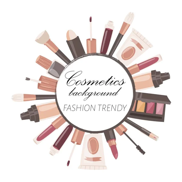 Banner de fondo de cosméticos. Moda moda accesorios vector ilustración. Productos de belleza como lápiz labial, sombras de ojos, rímel, esmalte de uñas, polvo. Tienda de moda o tienda . — Archivo Imágenes Vectoriales