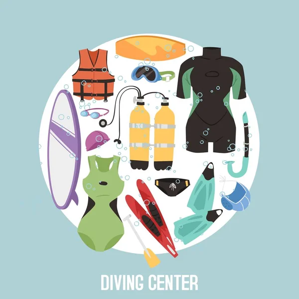 Scuba Diving Center Banner Vektor Illustration. Taucheranzug, Tauchermaske, Schnorchel, Flossen, Sauerstoffflaschen, Rettungsring, Schwimmflossen. Unterwasseraktivität Tauchausrüstung und Zubehör. — Stockvektor