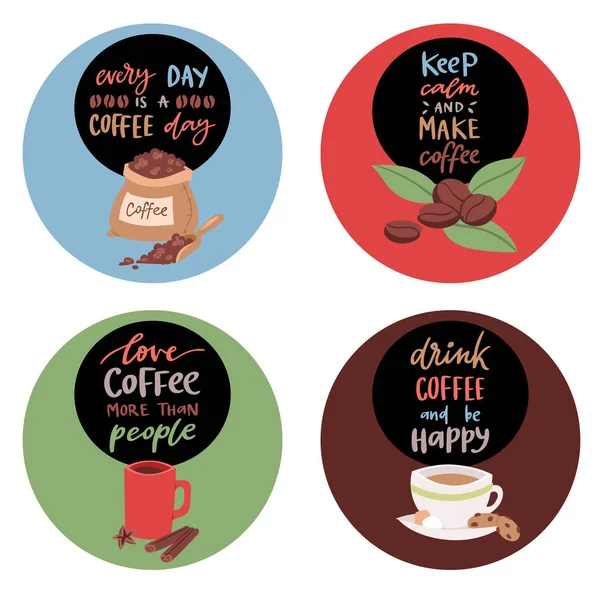 Autocolantes de café ou crachás com ilustração vetorial de banner de texto. Todos os dias é dia de café. Mantenha a calma e fazer café . — Vetor de Stock