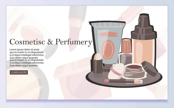 Kostuums en parfumerie webdesign vector illustratie. Cosmetische producten zoals lippenstift, oogschaduw, eyeliner, nagellak, Powder, Blush. Mode winkel of winkel, professionele verzorging. — Stockvector