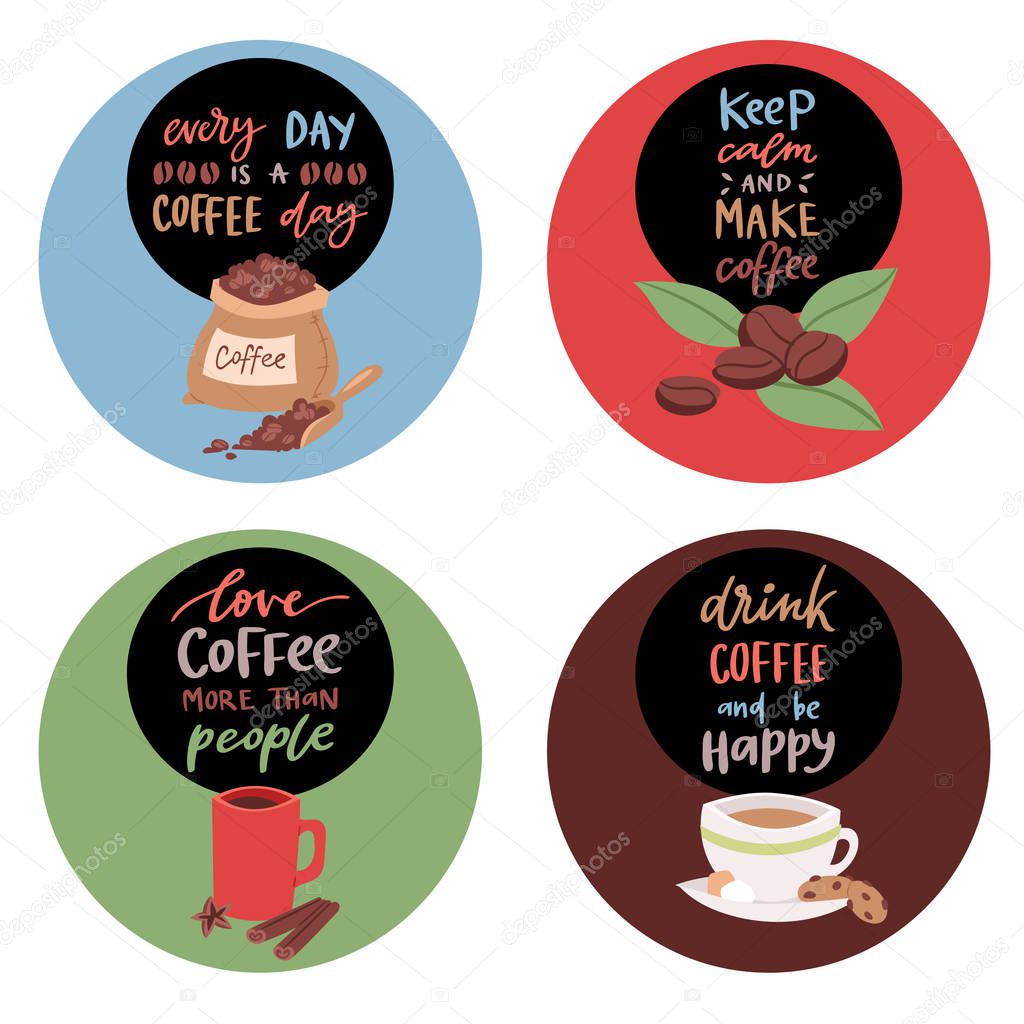 Coffee stickers or badges with text banner vector illustration. Every day is coffee day. Keep calm and make coffee.