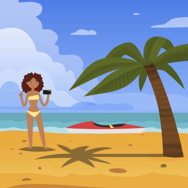 Kız selfie afiş düz vektör illüstrasyon konuşuyor. Deniz kenarında yaz plaj tatil konsepti, tropikal tatil. Fotoğraf için telefon kullanan tabaklanmış kadın. Palmiye ağacının yanında durmak.