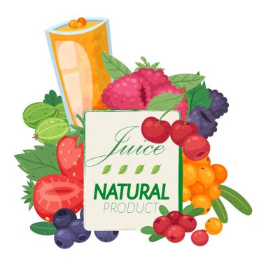 Çilek afiş vektör illüstrasyon taze meyve suyu. Doğal ve organik ürünler. Orman ahududusu, çilek, böğürtlen, yaban mersini, kiraz, bektaşi üzümü. Ferahlatıcı karışım.