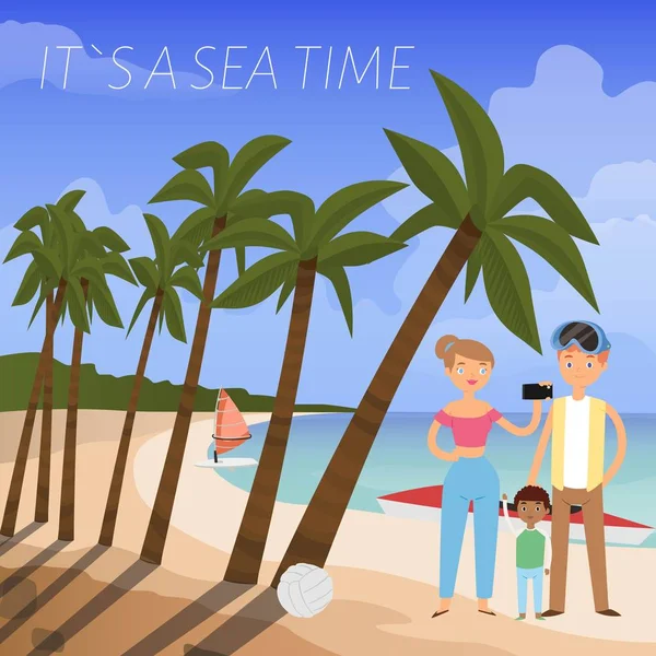 C'est illustration vectorielle de bannière de temps de mer. Illustration vectorielle plate de bannière selfie parlant famille. Vacances d'été à la plage sur la mer, vacances tropicales. Femme utilisant le téléphone pour la photo . — Image vectorielle