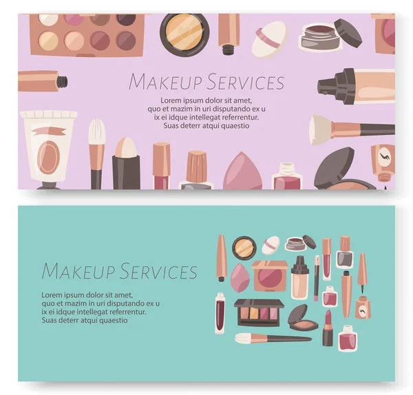 Make-up diensten set van banners. Mode tijd vector illustratie. Beauty producten en accessoires zoals lippenstift, oogschaduw, mascara, nagellak, poeder. Mode winkel of winkel. — Stockvector